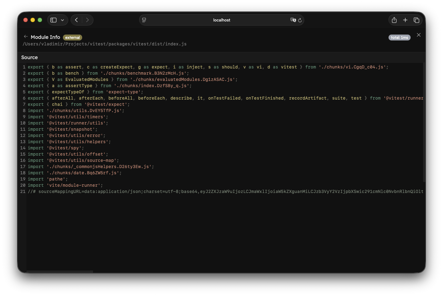The module info view for an external module